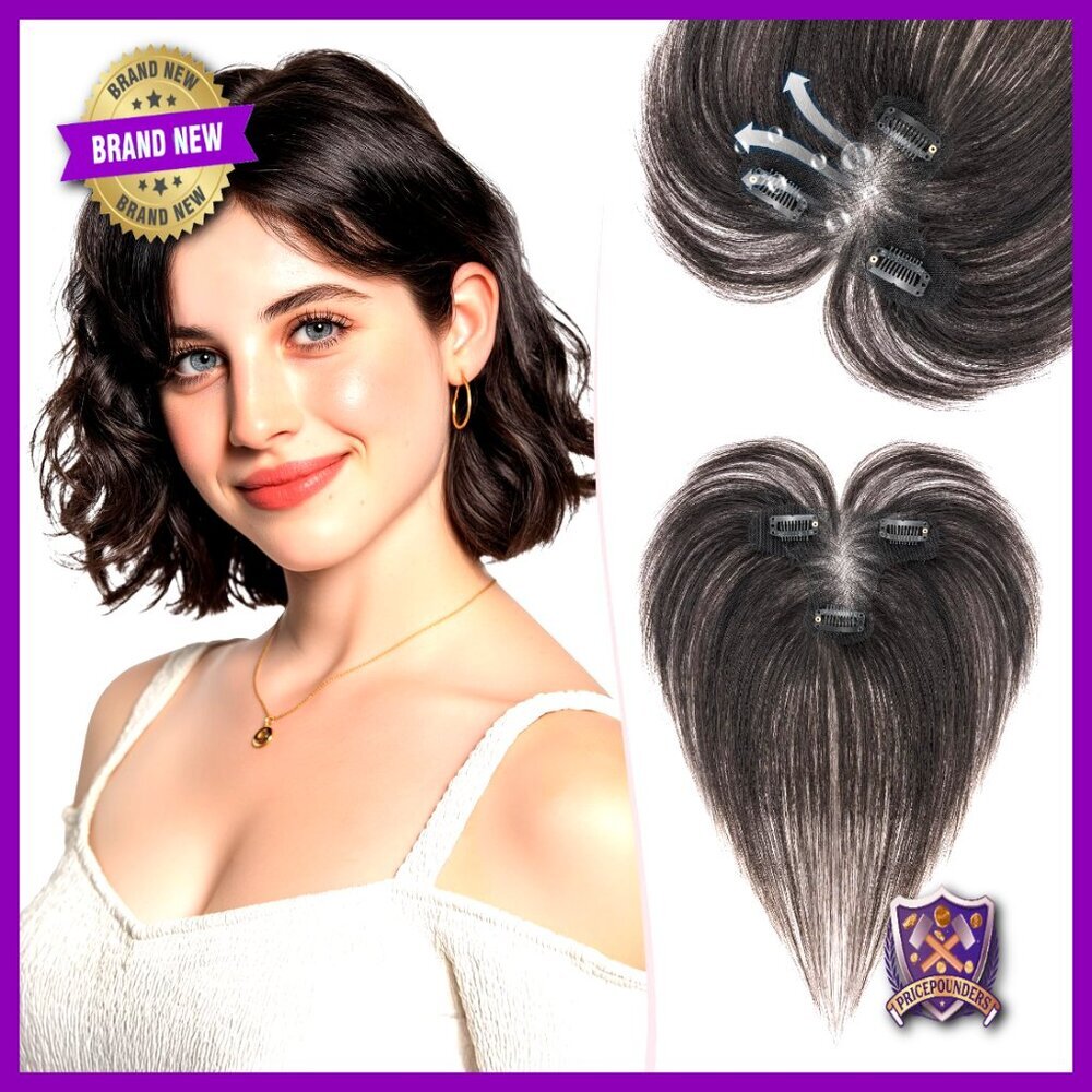 Real Human Hair Topper with Side Bangs Hand-tied Base Invisible Edges Fluffy